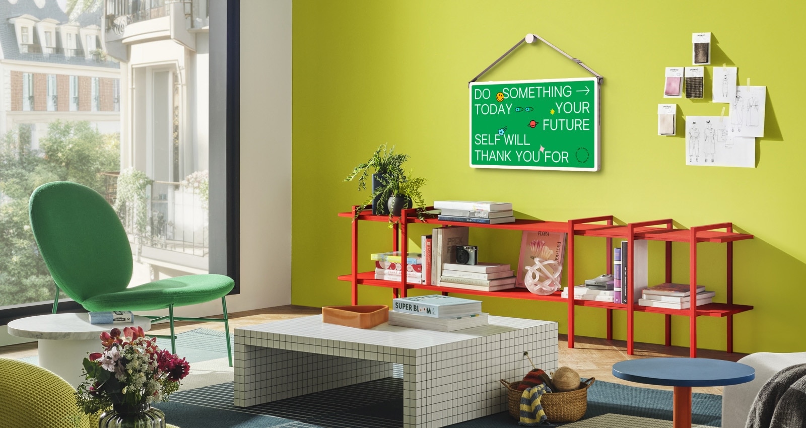 Living spaces with LG StanbyME 2 screens on the wall. Art Poster content are on the screens.