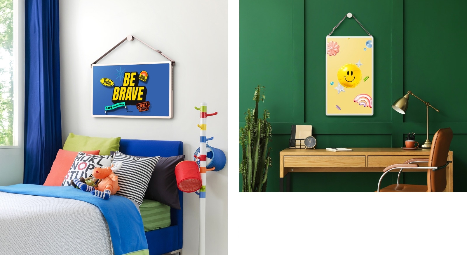 Different living spaces with LG StanbyME 2 screens on the wall. Art Poster content are on the screens.