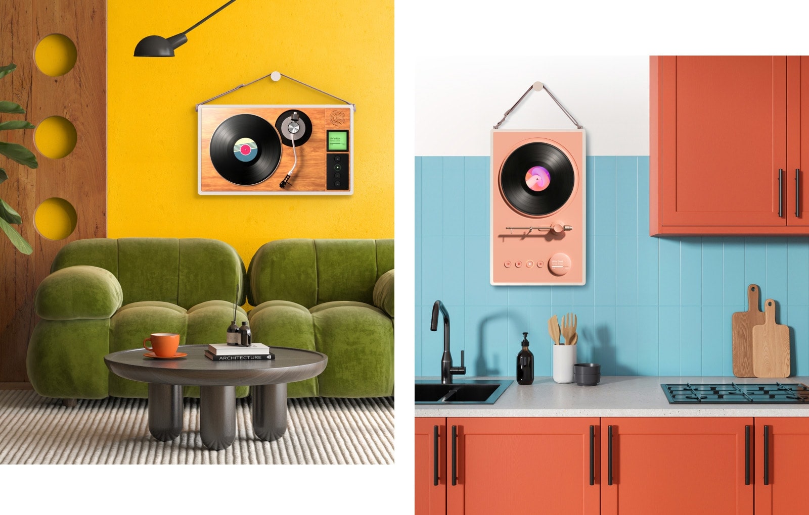 Different living spaces with LG StanbyME 2 screens on the wall. A music turntable artwork is displayed on each screen.