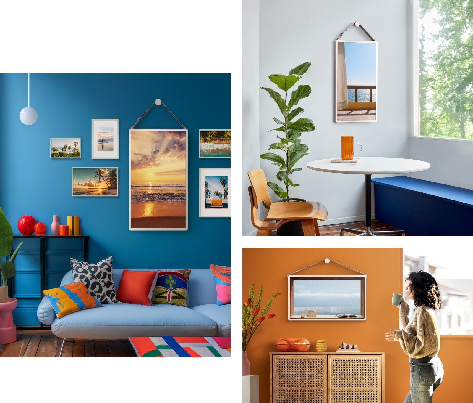 Different living spaces with LG StanbyME 2 screens on the wall. Landscape photos are displayed on the screens.