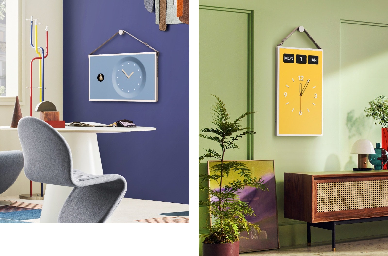 Different living spaces with LG StanbyME 2 screens. Different themed clocks and calendars are displayed on the screens.