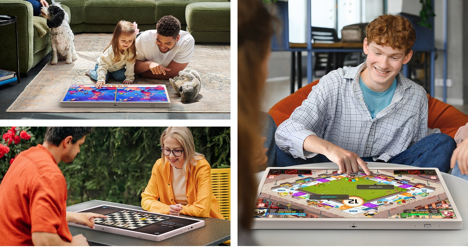 Three images showing StanbyME 2 used for different board games in a modern living space by three different parties.