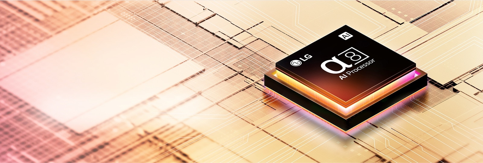 alpha 8 AI Processor chip visible with LG logo on an orange-lit mechanical plate.