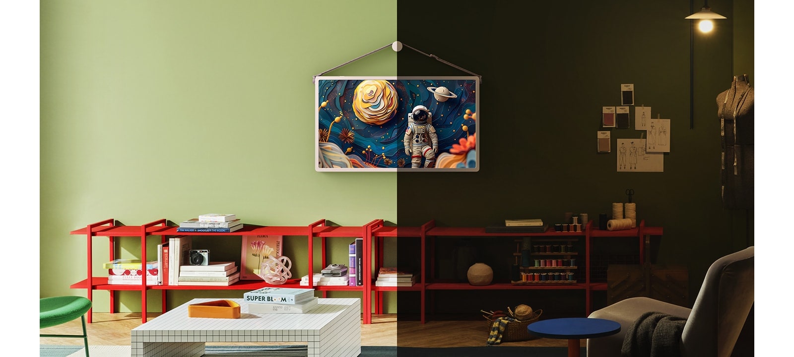 StanbyME 2 mounted on a wall in a modern living space split between daytime and nighttime settings.