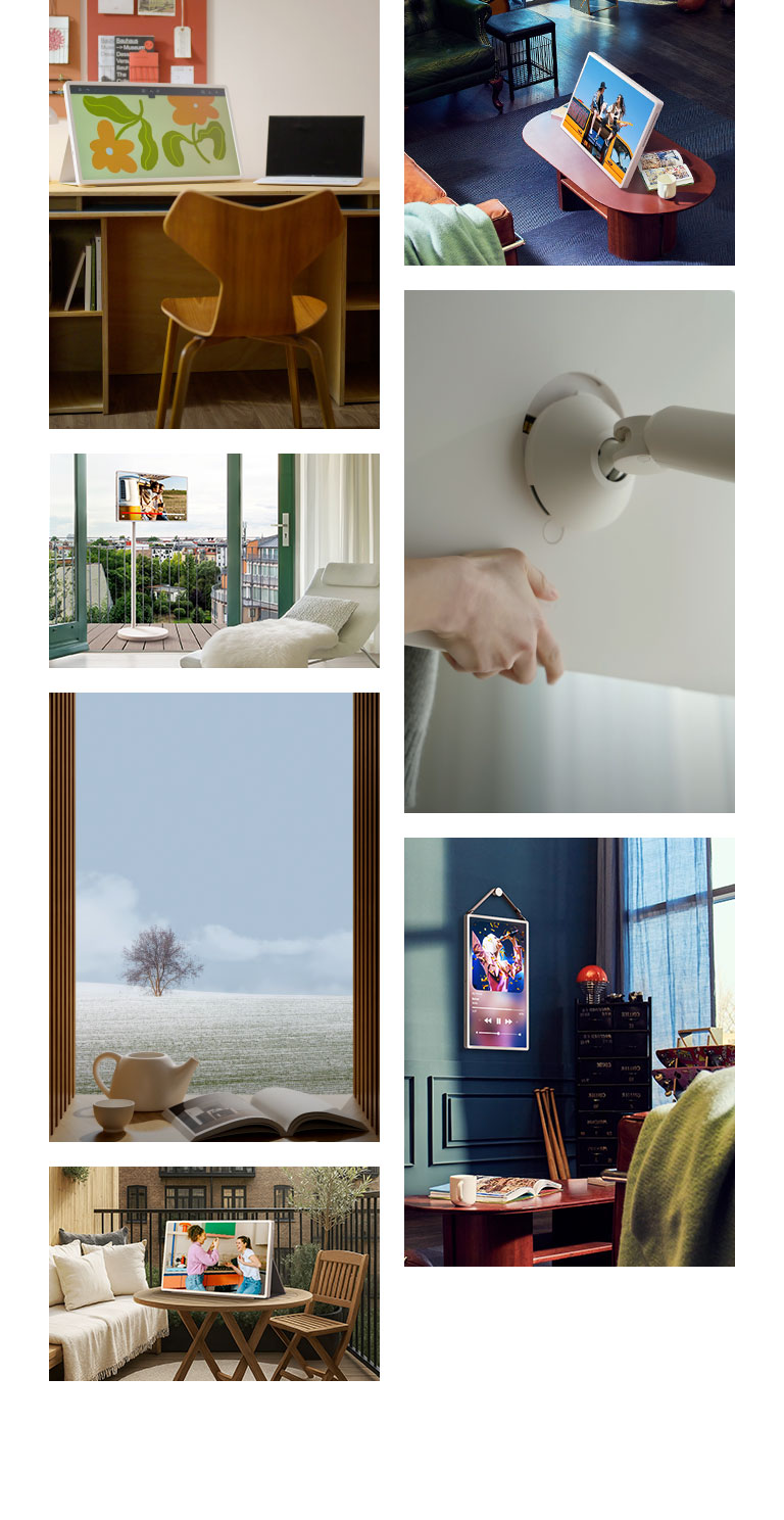 Different living spaces showing the different ways to use and enjoy the LG StanbyME 2 screen. Some spaces show it propped up like a tablet using the folio cover. Other spaces show it hung on the wall as a stylish addition to the interior design. Other spaces are showing how the screen can be easily mounted on the rollable, adjustable TV stand.