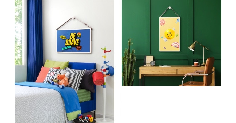 Different living spaces with LG StanbyME 2 screens on the wall. Art Poster content are on the screens.