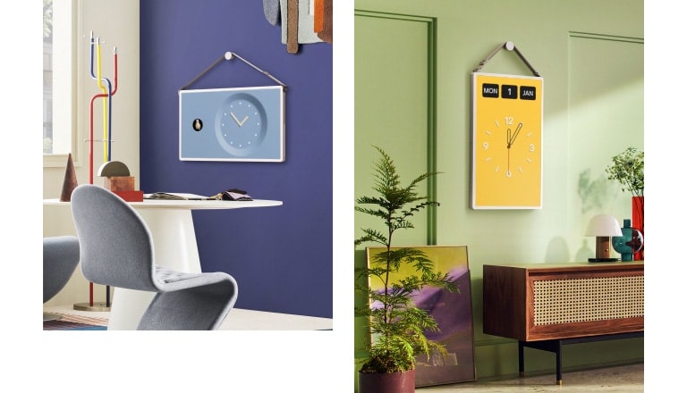 Different living spaces with LG StanbyME 2 screens. Different themed clocks and calendars are displayed on the screens.