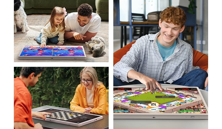 Three images showing StanbyME 2 used for different board games in a modern living space by three different parties.