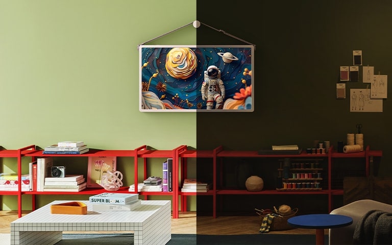 StanbyME 2 mounted on a wall in a modern living space split between daytime and nighttime settings.