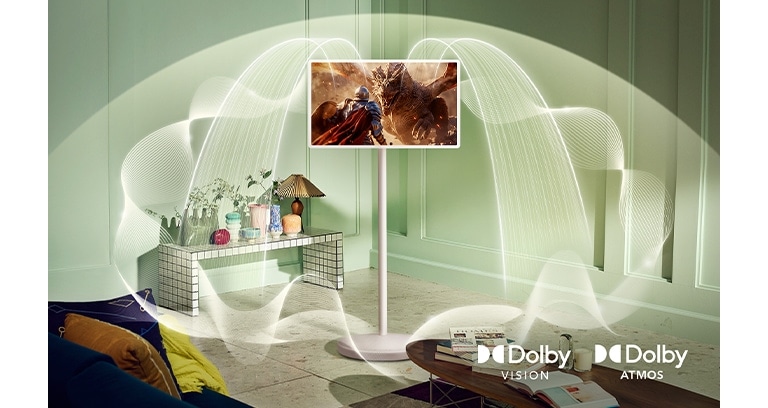 Soundwaves emanating from StanbyME 2 with Dolby Vision and Dolby Atmos logos displayed.