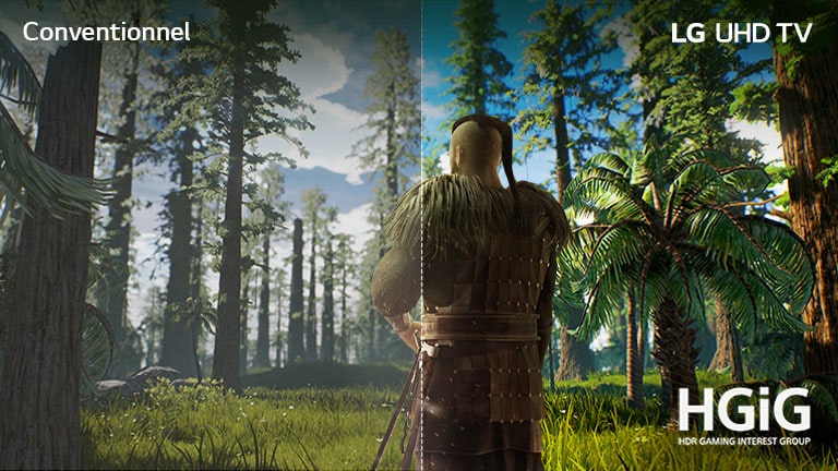 Écran de téléviseur montrant une scène de jeu avec un homme se tenant en pleine forêt. Une moitié de l’image est présentée sur un écran conventionnel avec une qualité d’image médiocre. L’autre moitié est présentée sur un écran de téléviseur UHD LG avec une qualité d’image lumineuse et réaliste.