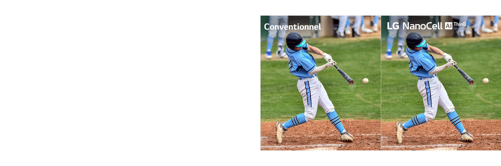 Une scène d'un match de football, la moitié sur un téléviseur LCD / LED conventionnel avec une image floue et l'autre moitié un téléviseur LG NanoCell avec une image claire.