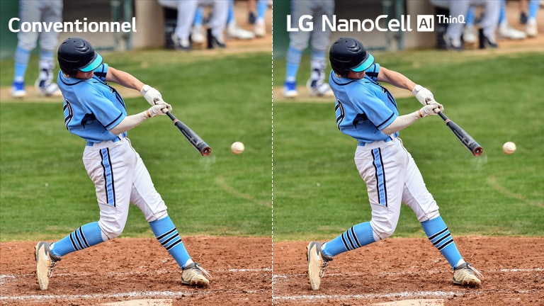 Une scène d'un match de football, la moitié sur un téléviseur LCD / LED conventionnel avec une image floue et l'autre moitié un téléviseur LG NanoCell avec une image claire.