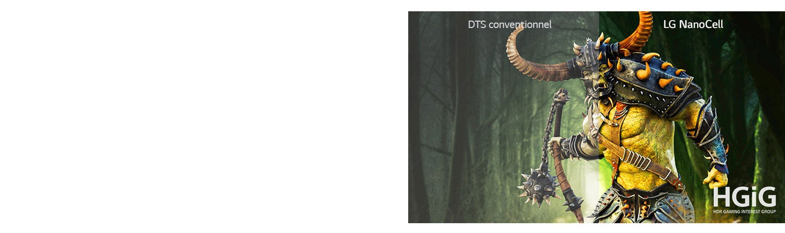 Une scène d'un jeu avec monstre montré sur un téléviseur conventionnel et l'autre moitié sur un téléviseur LG NanoCell avec HDR