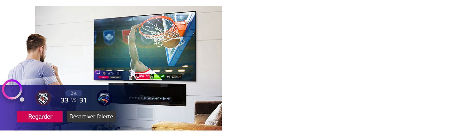 L'écran montre une scène d'un match de basket avec Sports Alert