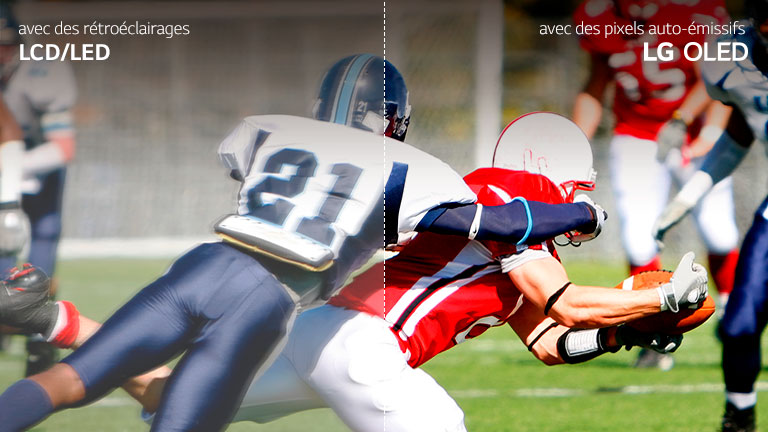 Une scène de match de football, la moitié diffusée sur un téléviseur LCD/LED avec une qualité d’image floue, et l’autre moitié diffusée sur un téléviseur OLED de LG avec une qualité d’image claire