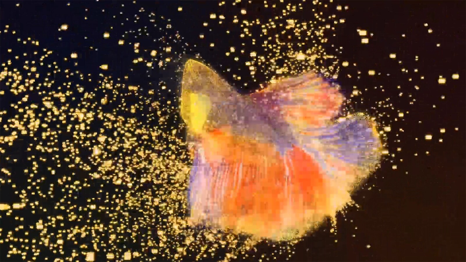 Un écran de téléviseur montrant le logo du Mini LED QNED de LG et de petites particules brillantes se rassemblant pour former un poisson bêta (voir la vidéo).