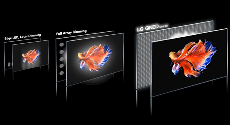 Image de la technologie des zones de gradation et d’un poisson bêta sur un fond noir sur 3 écrans différents. Le Mini QNED LED de LG garantit des images les plus claires, avec moins d’effets de halo et des couleurs plus vives (lire la vidéo).