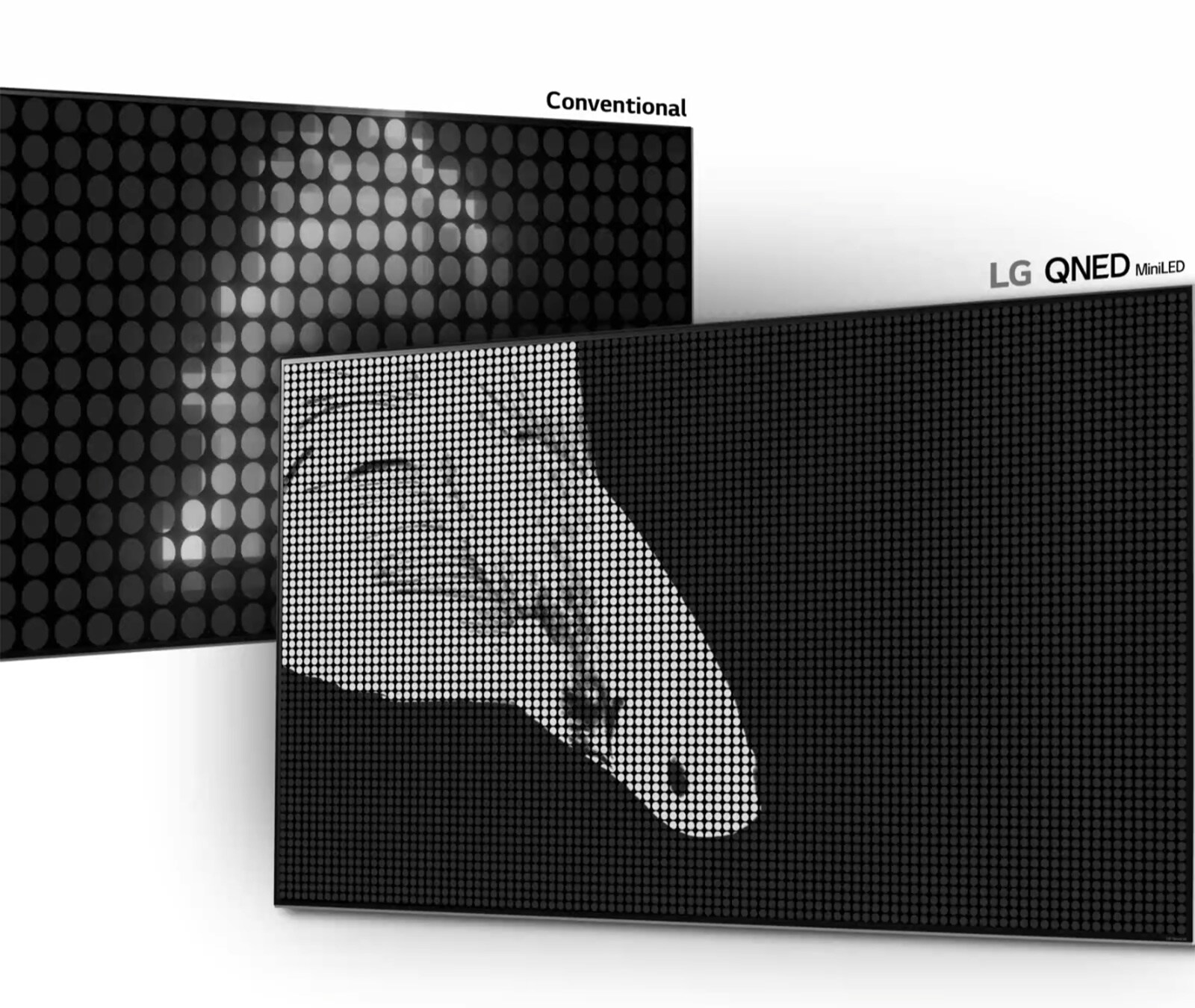 Image d’un poisson bêta, la moitié sur une LED conventionnelle avec moins de zones de gradation et des noirs pauvres, l’autre moitié sur un Mini LED QNED de LG avec plus de zones de gradation et des noirs plus profonds (lire la vidéo).