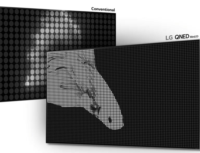 Image d’un poisson bêta, la moitié sur une LED conventionnelle avec moins de zones de gradation et des noirs pauvres, l’autre moitié sur un Mini LED QNED de LG avec plus de zones de gradation et des noirs plus profonds (lire la vidéo).