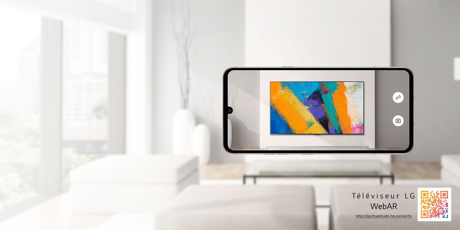 "Ceci est une simulation Web AR des images du téléviseur LG OLED. Des images d’un téléphone portable se superposent dans un espace minimaliste. Il y a un code QR en bas à droite."