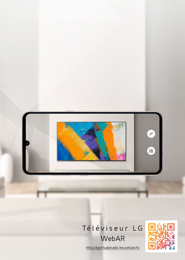 "Ceci est une simulation Web AR des images du téléviseur LG OLED. Des images d’un téléphone portable se superposent dans un espace minimaliste. Il y a un code QR en bas à droite."