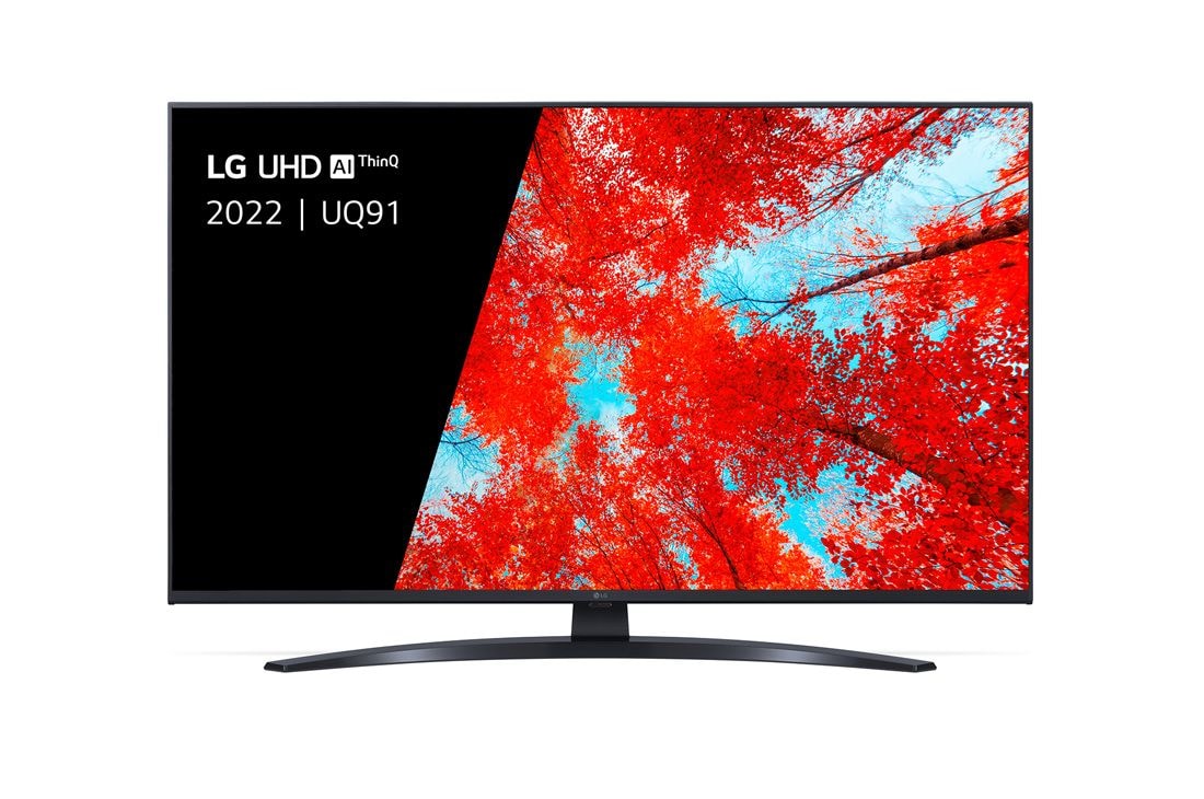 LG TÉLÉVISEUR UHD 4K, Vue avant du téléviseur UHD de LG avec image de remplissage et logo du produit, 43UQ91006LA