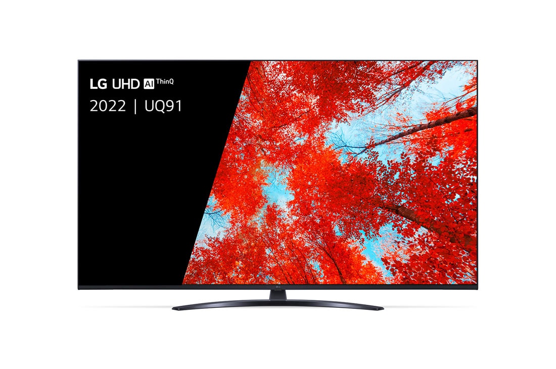 LG TÉLÉVISEUR UHD 4K, Vue avant du téléviseur UHD de LG avec image de remplissage et logo du produit, 55UQ91006LA