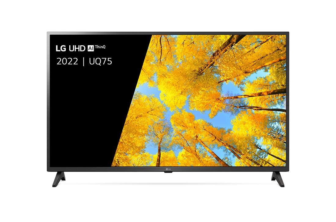LG TÉLÉVISEUR UHD 4K, Vue avant du téléviseur UHD de LG avec image de remplissage et logo du produit, 43UQ75006LF
