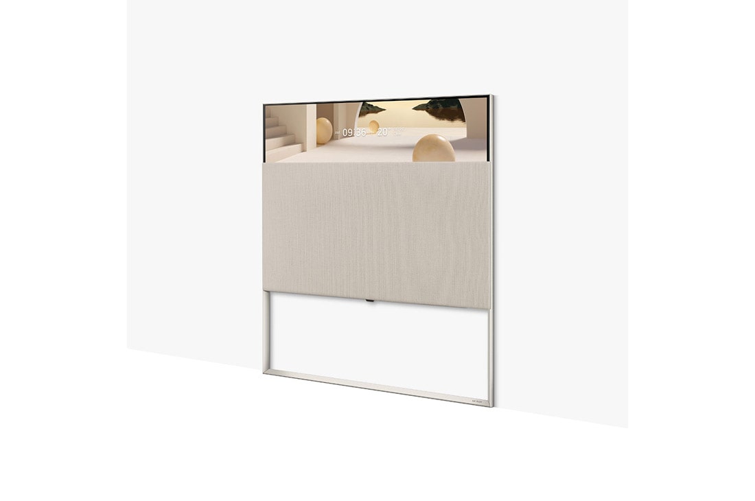 LG OLED | Object Collection Easel, Easel vu de face en mode Full View, avec une image d’architecture de couleur beige à l’écran., 65ART90E6QA, thumbnail 5