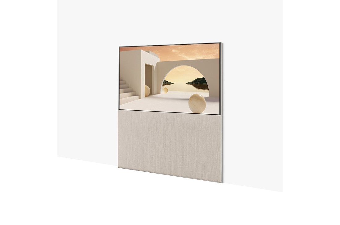 LG OLED | Object Collection Easel, Easel vu de face en mode Line View, affichant le mode Horloge avec un thème architectural beige., 65ART90E6QA, thumbnail 6