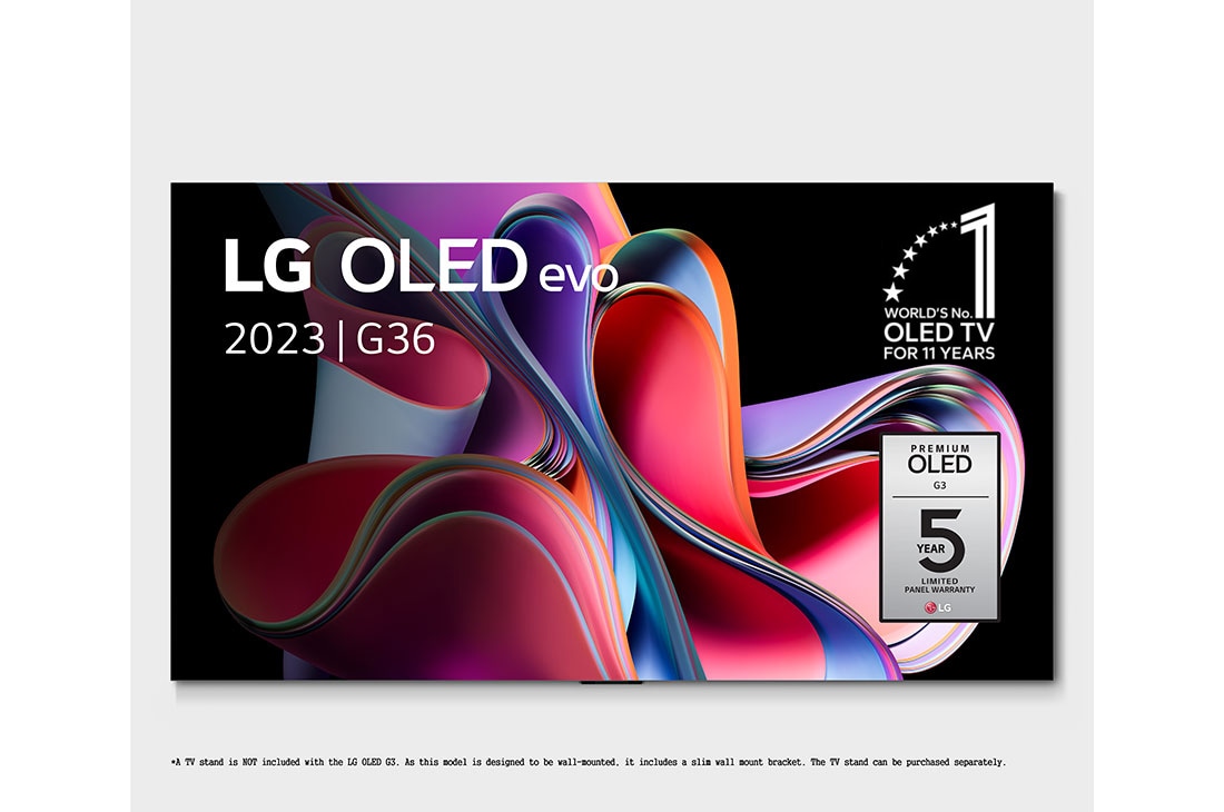 LG 65 pouces LG OLED evo G3 4K Smart TV - OLED65G36LA, Vue de face avec le logo « LG OLED, le téléviseur numéro 1 mondial depuis 11 ans » et le logo « Garantie du panneau : 5 ans » sur l’écran, OLED65G36LA