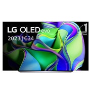 LG 83 pouces LG OLED evo C3 4K Smart TV - OLED83C34LA, Vue avant du LG OLED evo avec l’emblème « 10 Years World No.1 OLED » à l’écran, et de la barre de son située en dessous. , OLED83C34LA, thumbnail 1