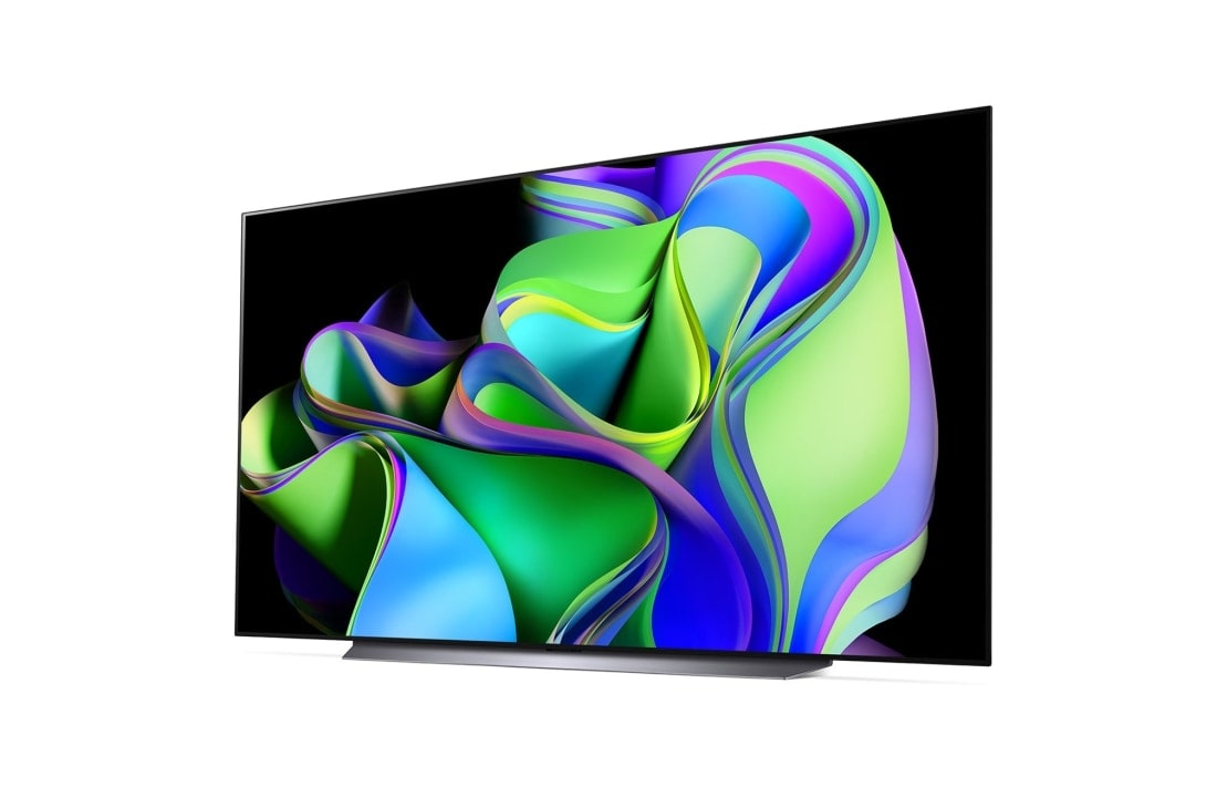 LG 83 pouces LG OLED evo C3 4K Smart TV - OLED83C34LA, Vue latérale légèrement inclinée vers la droite, avec la barre de son en dessous et un haut-parleur supplémentaire sur le côté. , OLED83C34LA, thumbnail 3