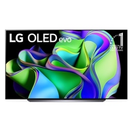 Vue avant du LG OLED evo avec l’emblème « 10 Years World No.1 OLED » à l’écran, et de la barre de son située en dessous. 2