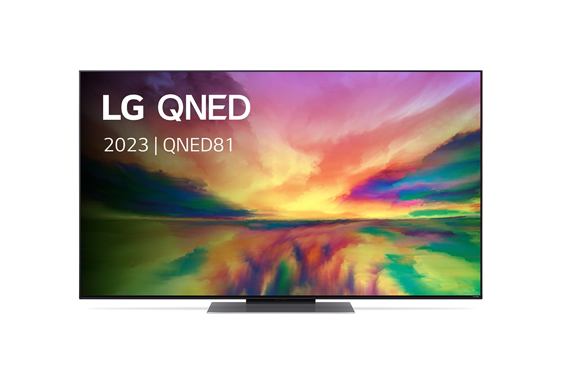 LG QNED81R, Vue avant du téléviseur QNED de LG avec image de remplissage et logo du produit, 55QNED816RE