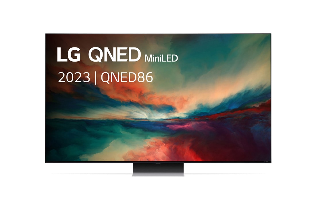 LG Smart TV LG QNED Mini LED 86 86 pouces 4K, 2023, Vue avant du téléviseur QNED de LG avec image de remplissage et logo du produit, 86QNED866RE