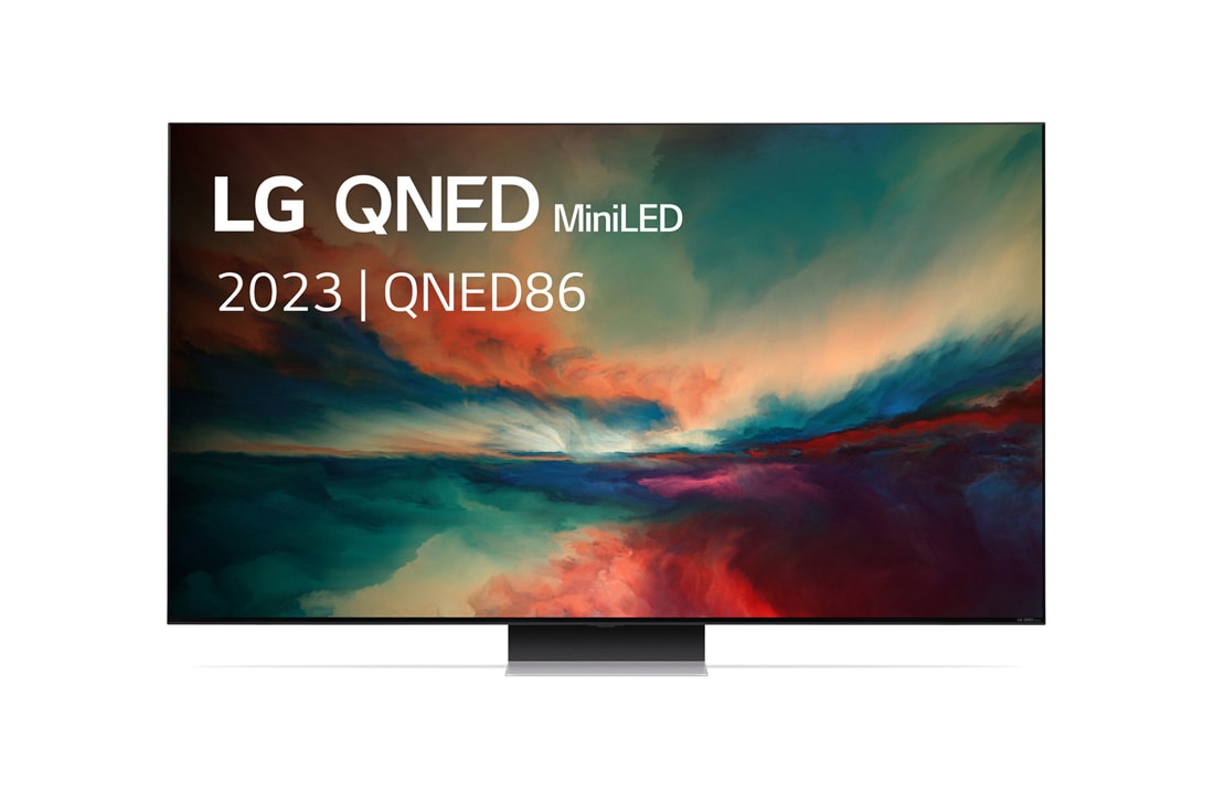 LG 55 pouces LG QNED86 MiniLED 4K Smart TV - 55QNED866RE, Vue avant du téléviseur QNED de LG avec image de remplissage et logo du produit, 55QNED866RE