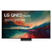 LG 75 pouces LG QNED86 MiniLED 4K Smart TV - 75QNED866RE, Vue avant du téléviseur QNED de LG avec image de remplissage et logo du produit, 75QNED866RE, thumbnail 1