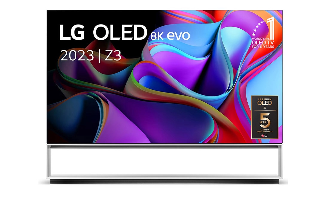 LG 88 pouces LG OLED evo Z3 8K Smart TV - OLED88Z39LA, Vue de face avec l’emblème « 10 Years World No.1 OLED » et le logo « Garantie du panneau : 5 ans » sur l’écran, OLED88Z39LA