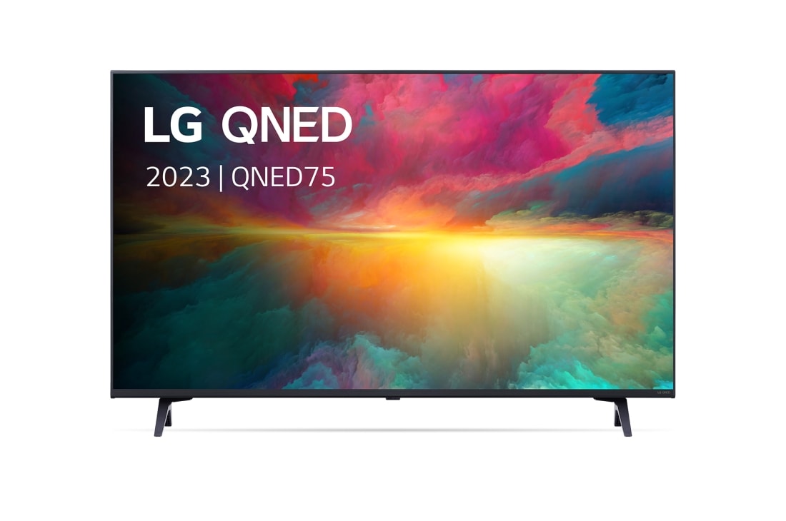 LG 43 pouces LG QNED75 4K UHD Smart TV - 43QNED756RA, Vue avant du téléviseur QNED de LG avec image de remplissage et logo du produit, 43QNED756RA