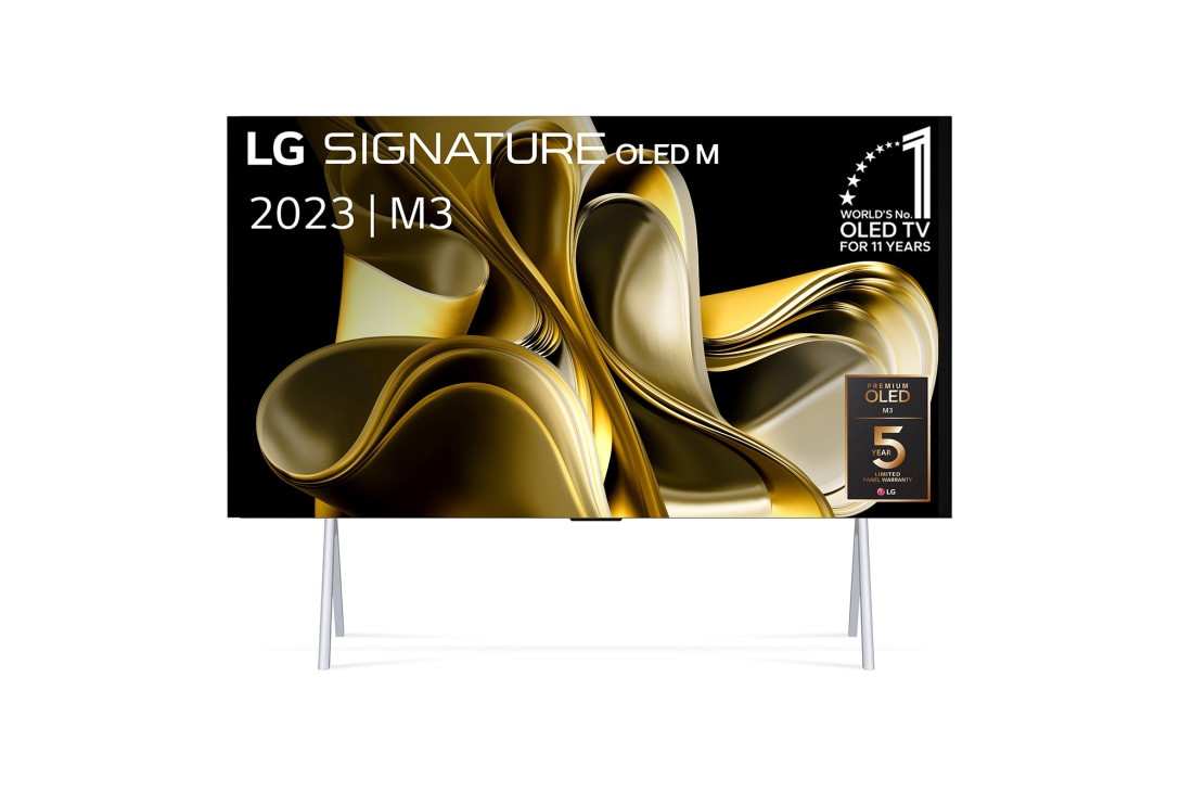 LG 97 pouces OLED LG SIGNATURE M3, la première TV True Wireless au monde avec transfert vidéo et audio 4K 120Hz , Vue de face avec le LG OLED M3 sur son support et la Zero Connect Box en dessous, l'emblème du numéro 1 mondial OLED depuis 10 ans, le logo LG Signature OLED M et le logo de la garantie de 5 ans sur l, OLED97M39LA