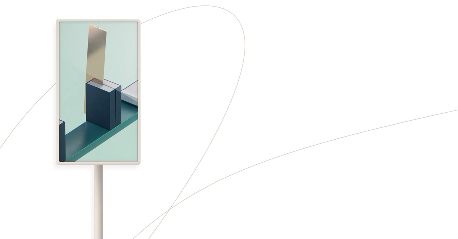 L’écran du téléviseur affiche un objet vert qui se balance et qui continue à faire éclater les dominos. Le téléviseur tourne, pivote vers la gauche et s’incline vers le bas. Il y a une fine ligne courbe en arrière-plan.