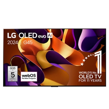 Vue de face du LG OLED evo AI TV, OLED G4 avec emblème OLED 11 ans numéro 1 mondial, logo webOS Re:New Program et logo de la garantie de 5 ans sur le panneau à l’écran1