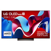 LG 55 pouces LG OLED evo AI C4 4K Smart TV OLED55C4, Vue de face du LG OLED evo AI TV, OLED C4, logo de l’emblème OLED 11 ans numéro 1 mondial et logo du programme webOS Re:New avec la barre de son en-dessous, OLED55C46LA, thumbnail 1