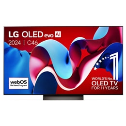 Vue de face du LG OLED evo AI TV, OLED C4, logo de l’emblème OLED 11 ans numéro 1 mondial et logo du programme webOS Re:New avec la barre de son en-dessous