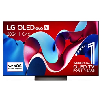 Vue de face du LG OLED evo AI TV, OLED C4, logo de l’emblème OLED 11 ans numéro 1 mondial et logo du programme webOS Re:New avec la barre de son en-dessous