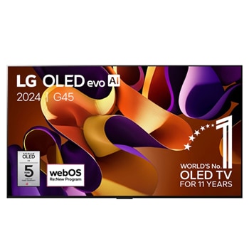Vue de face du LG OLED evo AI TV, OLED G4 avec emblème OLED 11 ans numéro 1 mondial, logo webOS Re:New Program et logo de la garantie de 5 ans sur le panneau à l’écran, avec la Soundbar en dessous1