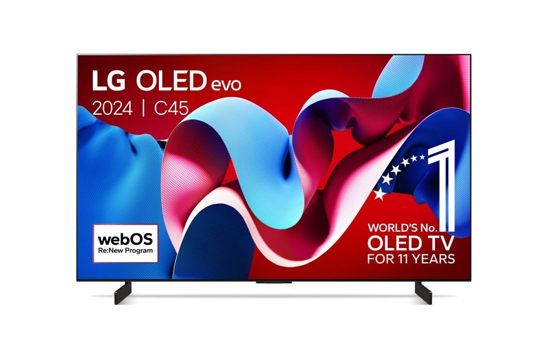LG 42 pouces LG OLED evo C4 4K Smart TV OLED42C4, Vue de face du LG OLED evo TV, OLED C4 avec emblème OLED 11 ans numéro 1 mondial et logo du programme webOS Re:New à l’écran, OLED42C45LA