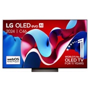 LG 65 pouces LG OLED evo AI C4 4K Smart TV OLED65C4, Vue de face du LG OLED evo AI TV, OLED C4, logo de l’emblème OLED 11 ans numéro 1 mondial et logo du programme webOS Re:New à l’écran, OLED65C46LA, thumbnail 1